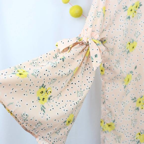 Fab'rik Pink Yellow Floral Print Long Bell Sleeve Blouse Top Size Small - Picture 4 of 7